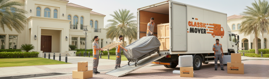 Moving Companies in Dubai  where a professional safely unloading home furniture from truck