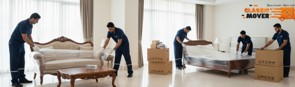 Experienced Home Movers in Dubai wrapping furniture and household items securely inside a villa to ensure damage-free home moving.