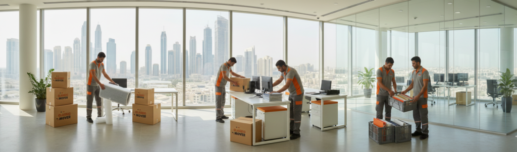 Best Movers in Dubai by Classic Movers UAE showing professional movers packing office furniture and equipment in an organized workspace