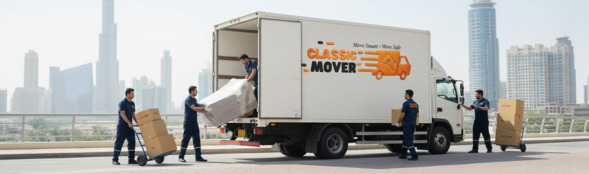 Trusted Home Movers in Dubai loading packed boxes and furniture into a moving truck for secure and efficient home relocation.
