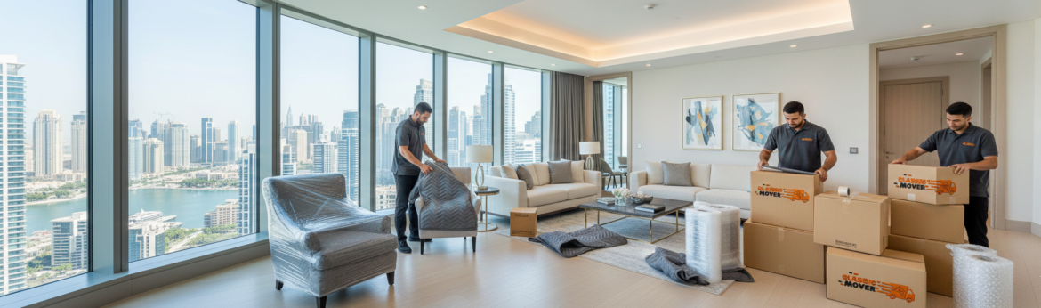 Best moving services in Dubai marina where a Professional movers carefully packing furniture in a luxury apartment with premium materials and modern interiors.