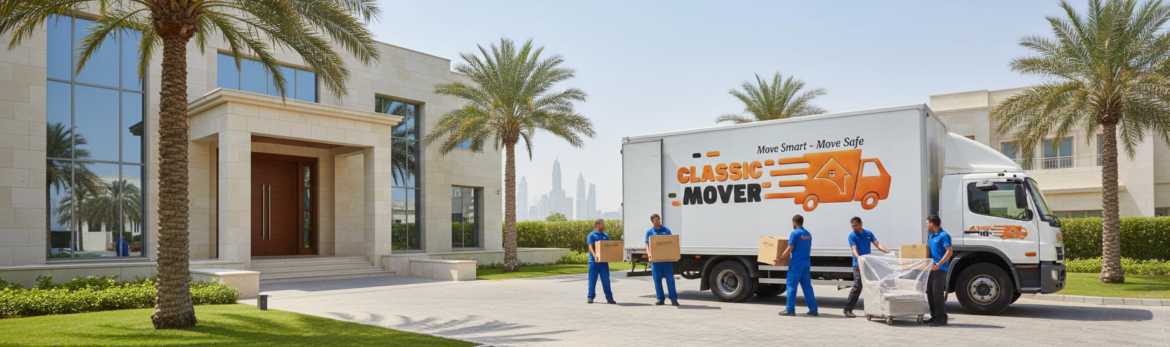 Affordable Villa Movers in Dubai loading packed furniture into a moving truck outside a modern villa for a safe and organized relocation.