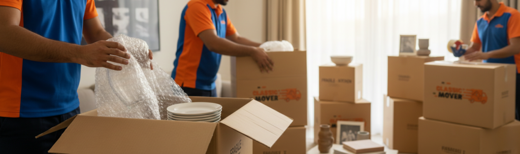 Moving Companies in Dubai where a professional team packing home furniture