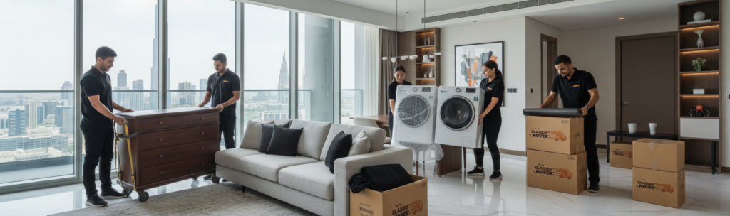 Experienced Movers and Packers in Downtown Dubai carrying large furniture safely during apartment relocation.