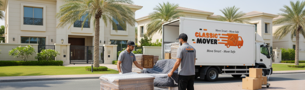 Affordable Villa Movers in Dubai loading packed furniture into a moving truck outside a modern villa for a safe and organized relocation.