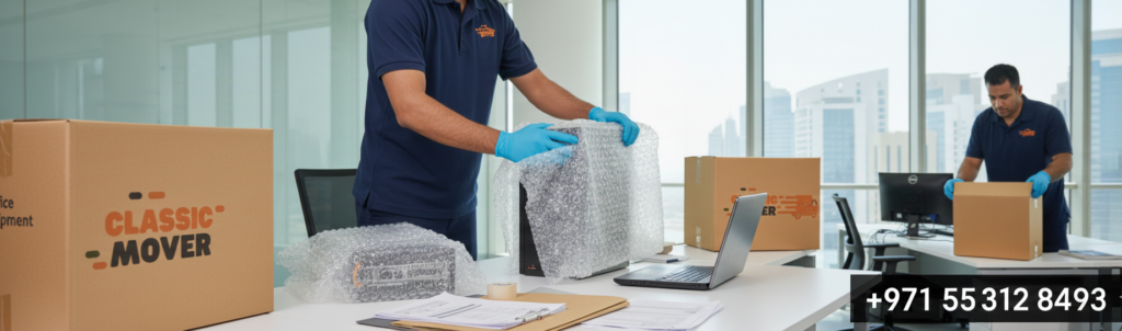 Expert office movers in Dubai safely packing office equipment, documents, and electronics using protective materials.