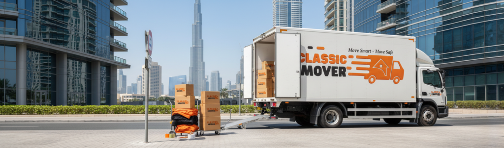 Moving truck parked outside a high-rise building showing reliable Movers and Packers in Downtown Dubai services.