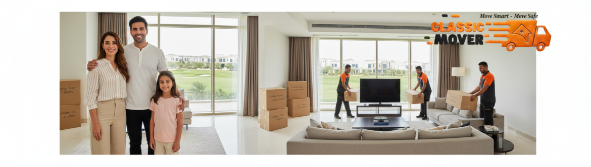 House movers in Dubai Hills Estate carefully loading packed furniture into a moving truck outside a modern villa.
