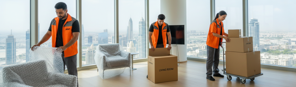 Best movers and packers in Dubai carefully packing household furniture using secure materials in a modern apartment