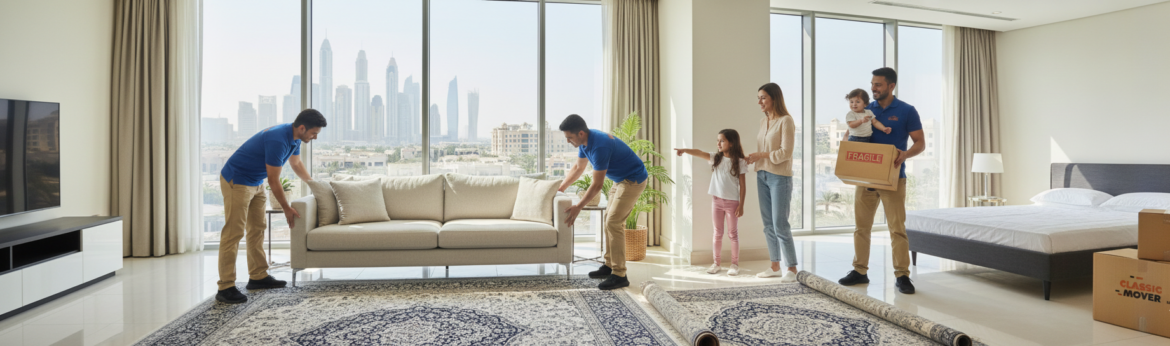 Professional Movers Dubai packing household items safely inside a modern villa with trained moving staff