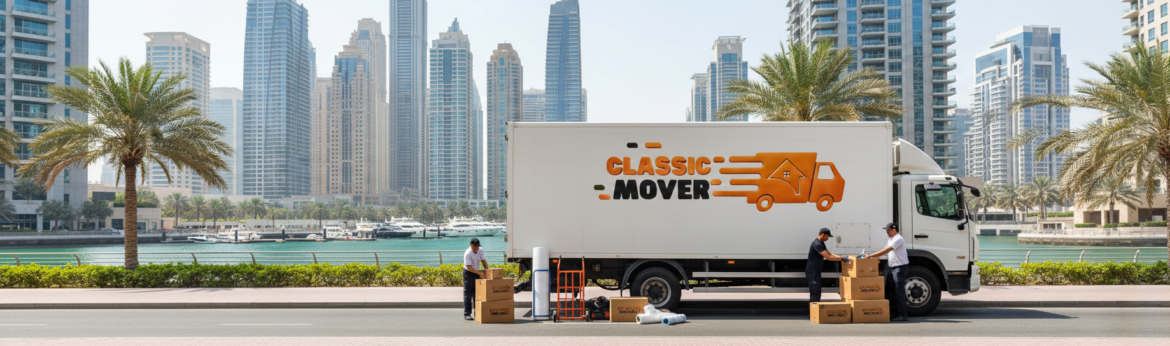 A moving truck outside a high-rise building illustrating Movers and Packers in Downtown Dubai for safe and efficient apartment relocation.