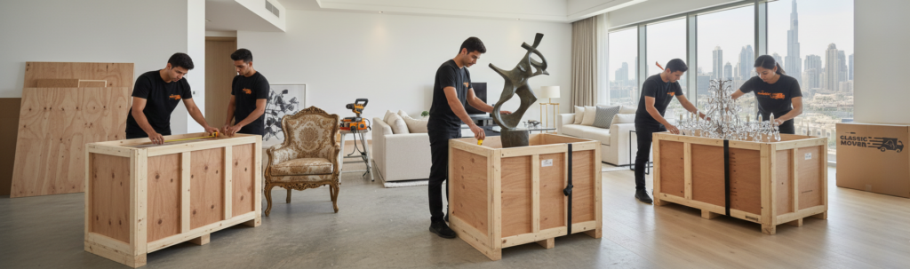 Professional movers in Dubai creating custom wooden crates for antique furniture and high-value luxury items to ensure safe relocation.