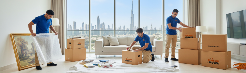 Professional Movers Dubai unloading furniture in a luxury apartment while ensuring safe and stress-free relocation