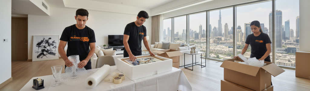 moving companies in Dubai where a professional team safely packing office material