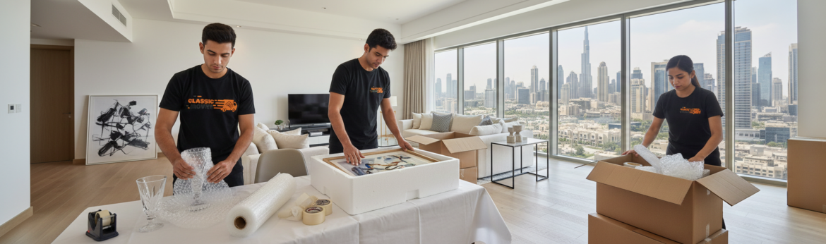 moving companies in Dubai where a professional team safely packing office material