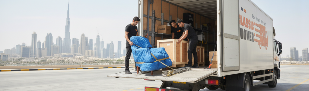 Professional movers in Dubai loading fragile and luxury items into a moving truck with secure strapping for damage-free transportation.