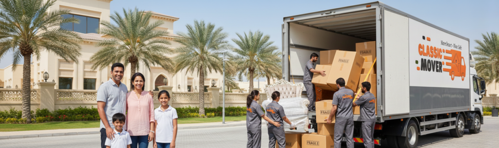 Happy family experiencing a stress-free villa movers in Dubai with professional moving services