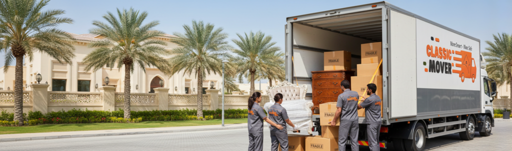 Professional House  movers in Dubai loading luxury furniture into a moving truck outside a modern villa