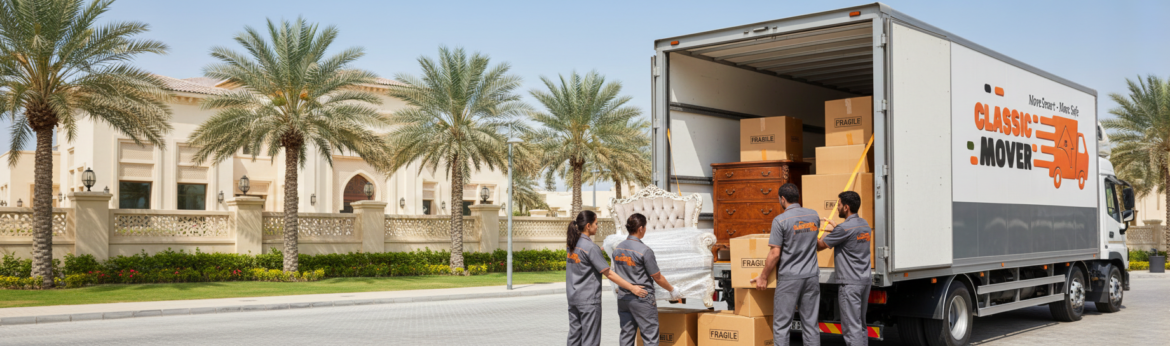 Professional House movers in Dubai loading luxury furniture into a moving truck outside a modern villa