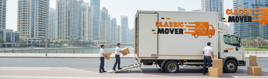 House Moving Services in JLT showing expert movers carefully packing furniture and electronics for apartment relocation in Jumeirah Lakes Towers