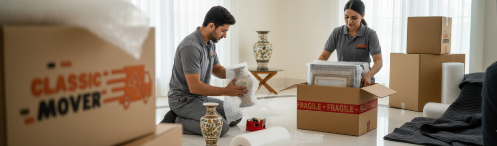 Professional movers providing Best Moving Services in Dubai Marina by carefully packing furniture in a luxury apartment with premium materials.