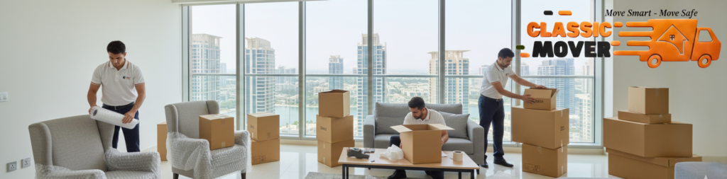 House moving services in JLT Dubai, moving truck parked near Jumeirah Lakes Towers buildings, movers loading labeled boxes and furniture, urban Dubai skyline, professional relocation scene, daylight, realistic, high quality, wide angle shot