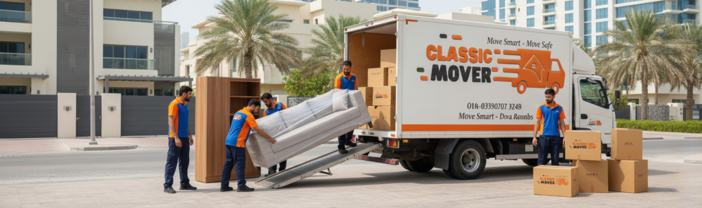 Affordable movers in Dubai unloading furniture from a moving truck during a fast and reliable local move by Classic Movers UAE