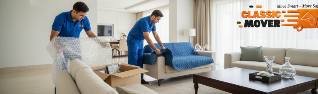 Affordable Villa Movers in Dubai loading packed furniture into a moving truck outside a modern villa for a safe and organized relocation.