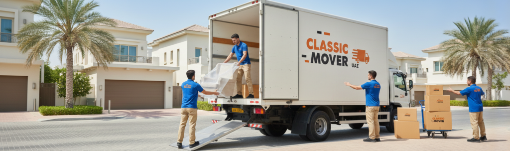 Professional Movers Dubai loading furniture and boxes into a Classic Mover UAE moving truck in Dubai