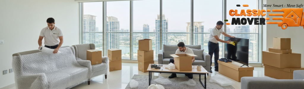 House Moving Services in JLT with professional movers packing household items inside a modern Jumeirah Lakes Towers apartment in Dubai