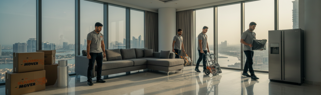 Expert movers carrying furniture and electronics as part of the Best Moving Services in Dubai Marina, using modern equipment and teamwork.