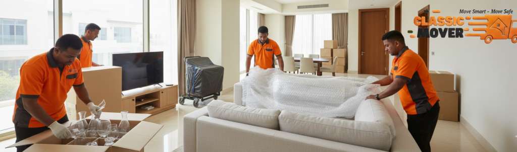 Professional house movers in Dubai Hills Estate packing furniture and fragile items securely inside a luxury apartment.