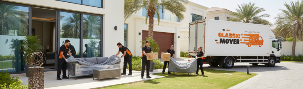 House movers Dubai professionally packing household furniture inside a modern apartment using high-quality packing materials.