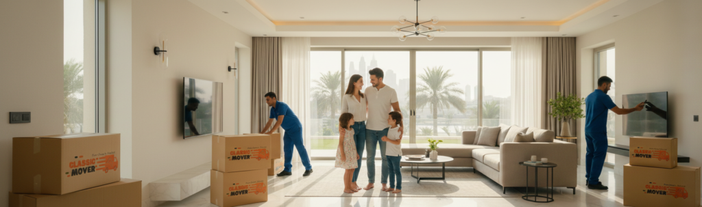 Happy family inside a newly relocated villa in Dubai Marina while movers arrange furniture, highlighting stress-free villa moving services Dubai Marina.