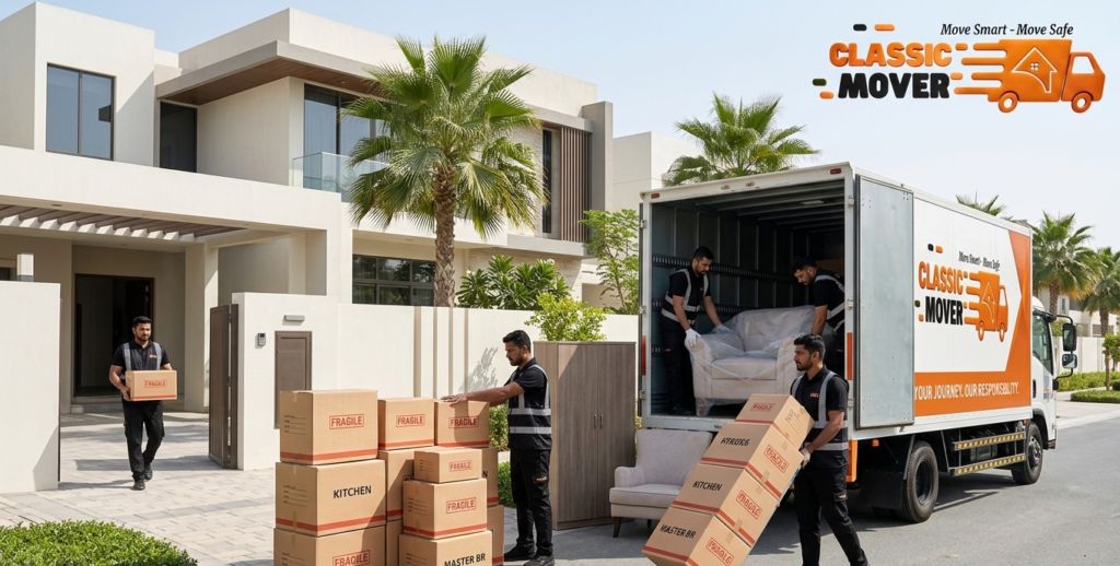Trusted Movers UAE packing and loading household furniture at a modern Dubai villa using professional moving equipment.