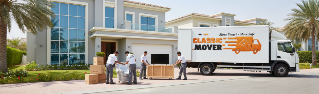 Professional villa movers in Green Community Dubai carefully packing and loading furniture outside a modern residential villa.