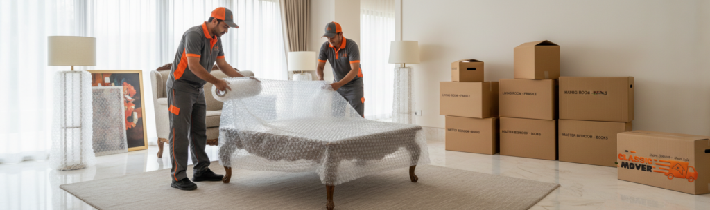 Professional movers in Arabian Ranches packing household items securely inside a modern villa using quality materials