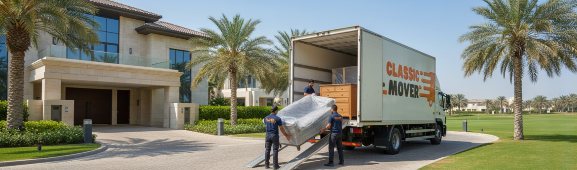 Villa movers in Jumeirah Golf Estates loading furniture safely outside a luxury villa in Dubai