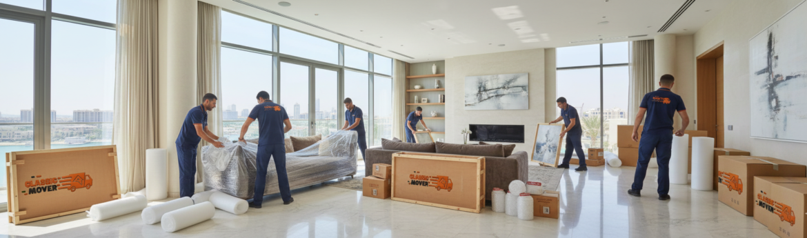 Professional movers packing luxury furniture inside a modern villa in Dubai Marina using high-quality materials, showing reliable villa moving services Dubai Marina.