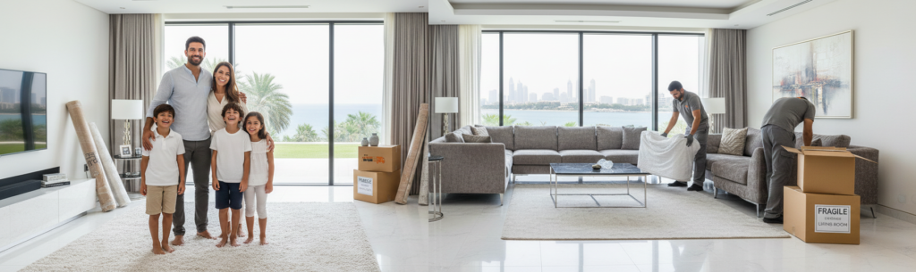 Happy family settling into a new villa after a smooth relocation with villa movers in Palm Jumeirah Dubai