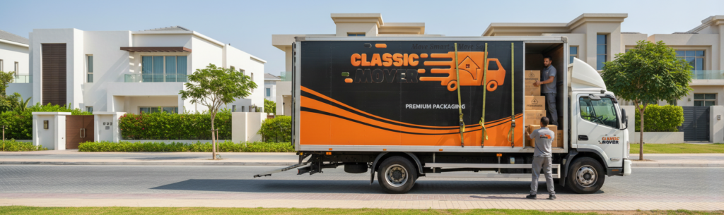 Secure premium villa shifting Emirates Hills using a branded moving truck and trained movers in Dubai