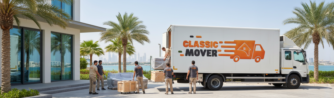 Professional villa movers in Palm Jumeirah loading luxury furniture safely into a moving truck in Dubai