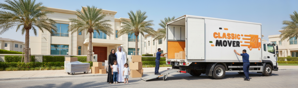Premium villa shifting Emirates Hills with professional movers loading luxury furniture outside a modern villa in Dubai