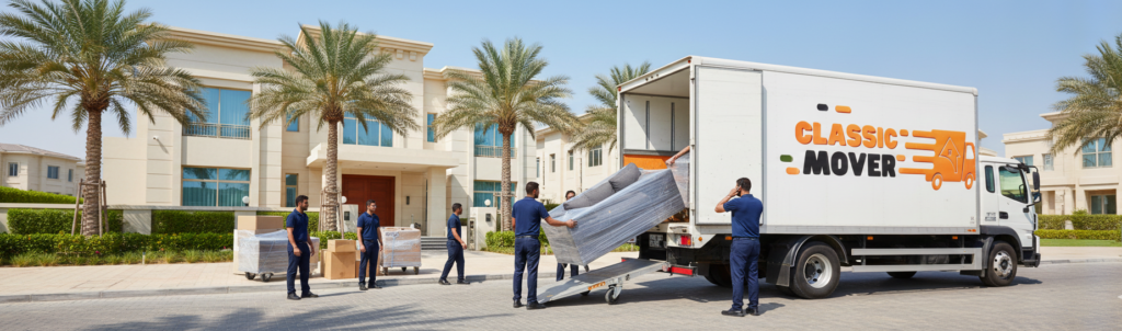 Professional villa moving services Al Barsha showing trained movers loading carefully wrapped furniture into a moving truck outside a modern villa in Dubai