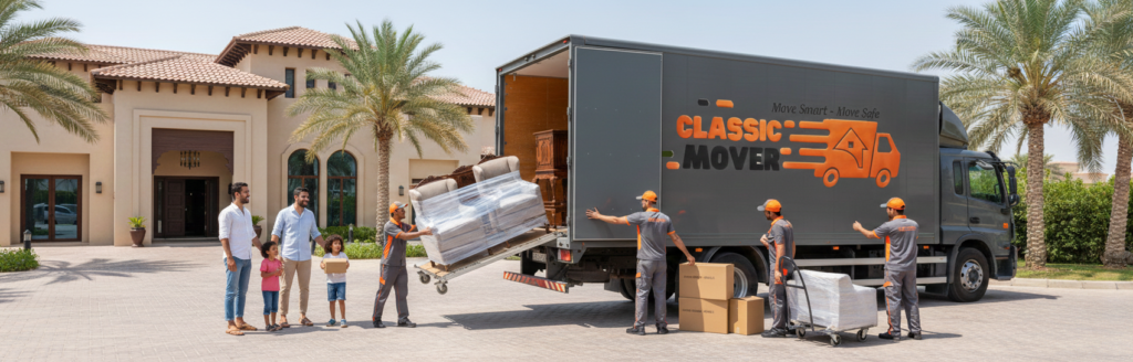 Professional movers in Arabian Ranches completing a stress-free villa relocation while a family enjoys a smooth moving experience