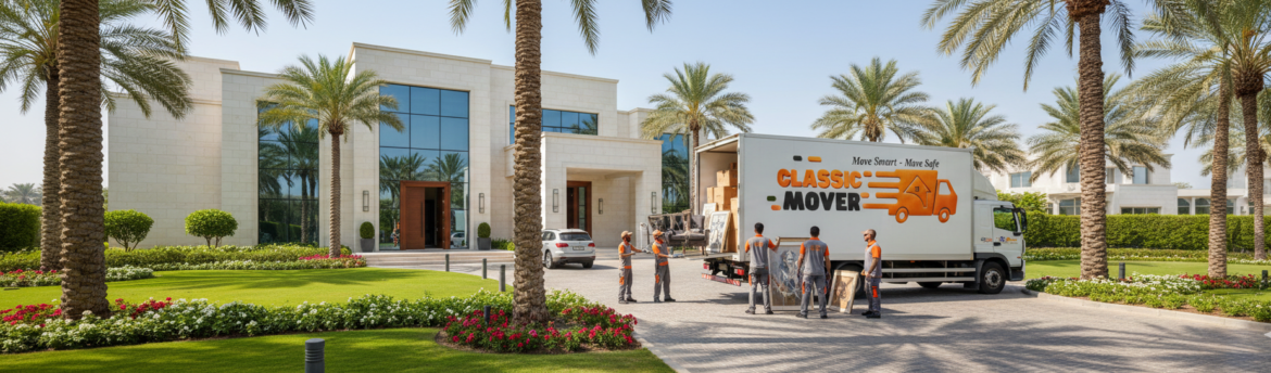 Premium villa shifting Emirates Hills with professional movers loading luxury furniture outside a modern villa in Dubai