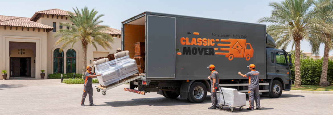 A happy family standing outside their Arabian Ranches villa while professional movers in Arabian Ranches complete the relocation. Moving truck parked nearby, movers unloading furniture safely, family smiling and relaxed, clean upscale community, sunset lighting, warm and welcoming mood, realistic photography style