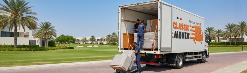 Branded moving truck loading packed household items near luxury villas with Dubai Marina skyline, representing trusted villa moving services Dubai Marina.