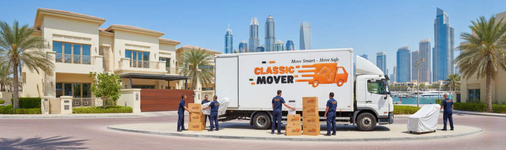 Branded moving truck loading packed household items near luxury villas with Dubai Marina skyline, representing trusted villa moving services Dubai Marina.
