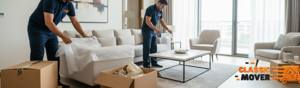 Expert villa moving services Al Barsha with professional movers packing furniture using bubble wrap and secure boxes inside a luxury villa in Dubai